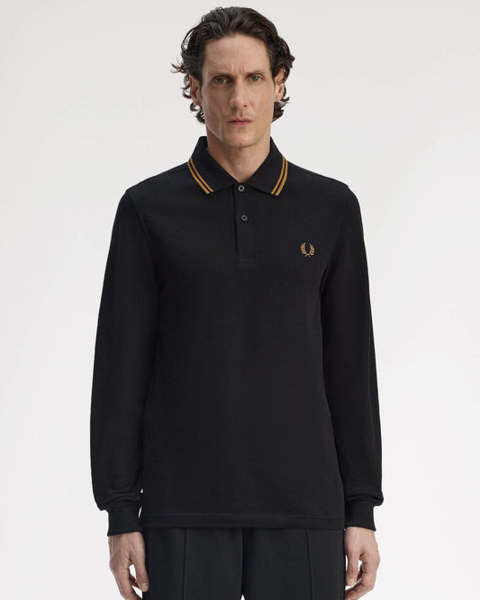Fred Perry Mens Long Sleeve Twin Tipped Polo Shirt - Black/Shaded Stone S77