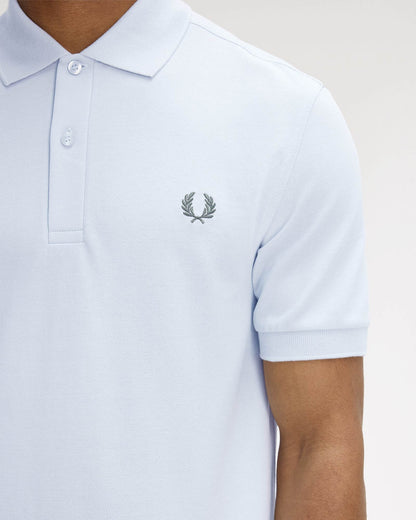 Fred Perry Mens Plain Signature Polo Shirt - Dusty Blue/Laurel Wreath Green 08C | CHO | Designer Mens Short Sleeve Polo Shirts