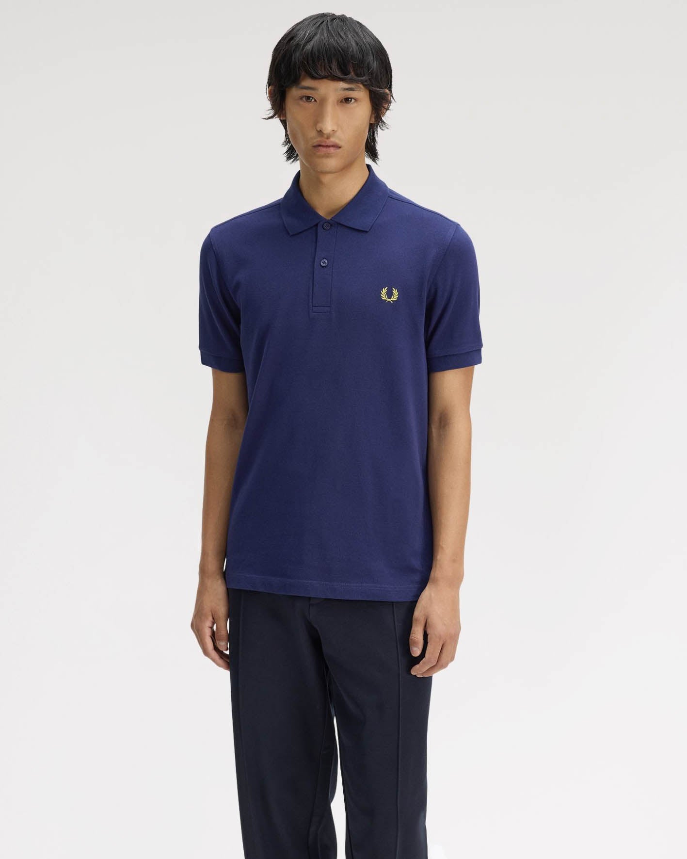 Fred Perry Mens Plain Signature Polo Shirt - French Navy/Citron 12C | CHO | Designer Mens Short Sleeve Polo Shirts