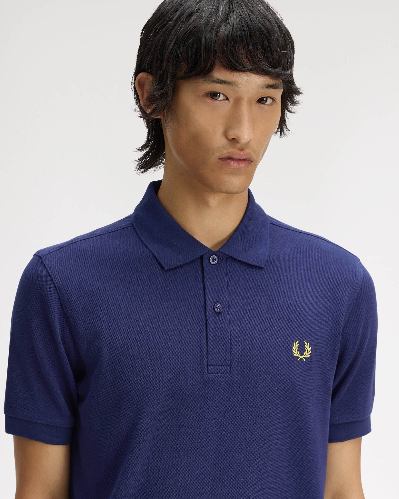 Fred Perry Mens Plain Signature Polo Shirt - French Navy/Citron 12C | CHO | Designer Mens Short Sleeve Polo Shirts