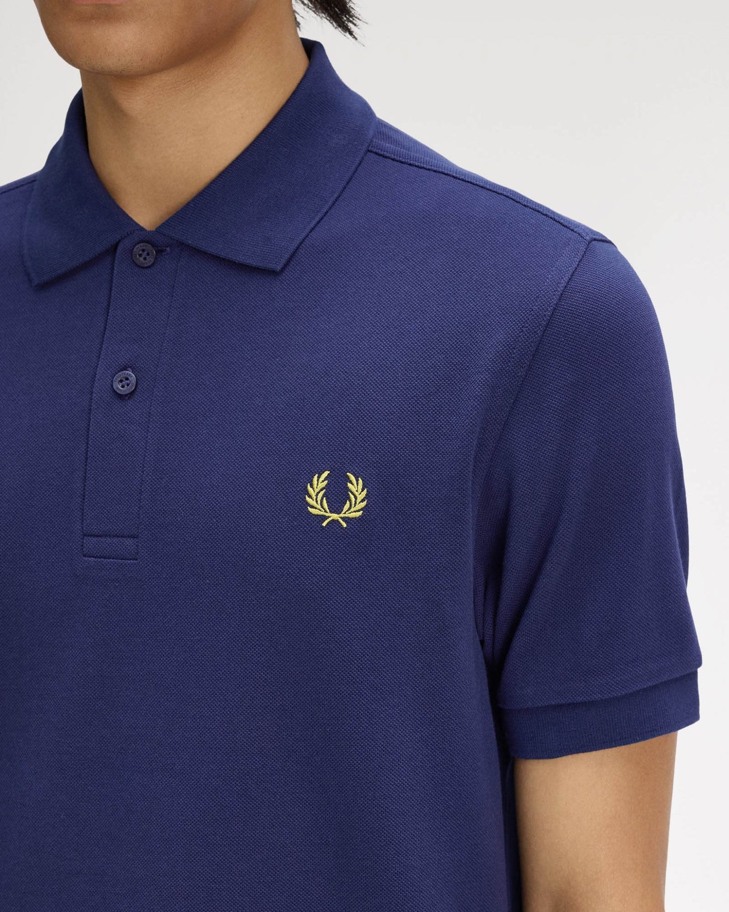 Fred Perry Mens Plain Signature Polo Shirt - French Navy/Citron 12C | CHO | Designer Mens Short Sleeve Polo Shirts