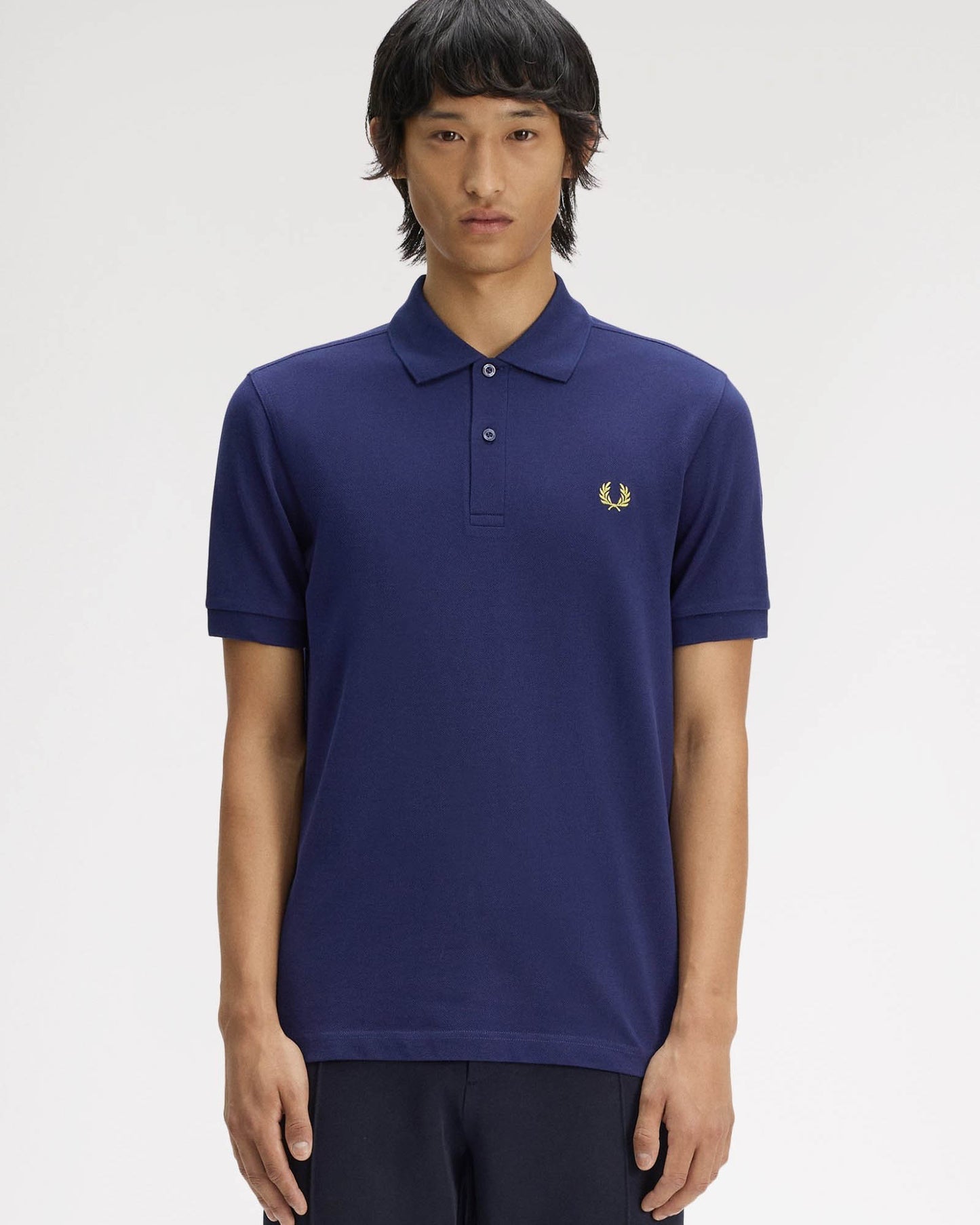 Fred Perry Mens Plain Signature Polo Shirt - French Navy/Citron 12C | CHO | Designer Mens Short Sleeve Polo Shirts