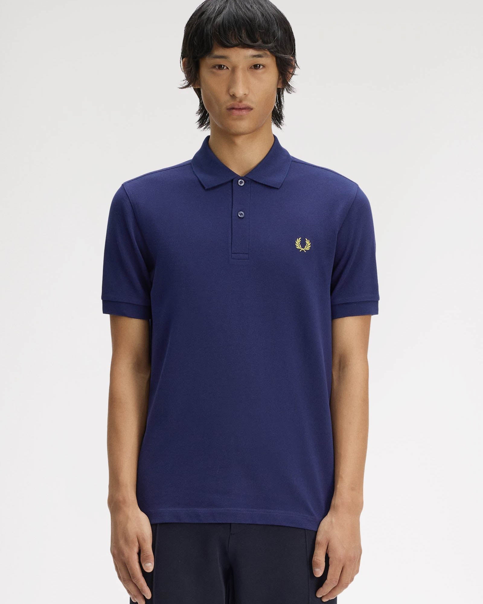 Fred Perry Mens Plain Signature Polo Shirt - French Navy/Citron 12C | CHO | Designer Mens Short Sleeve Polo Shirts