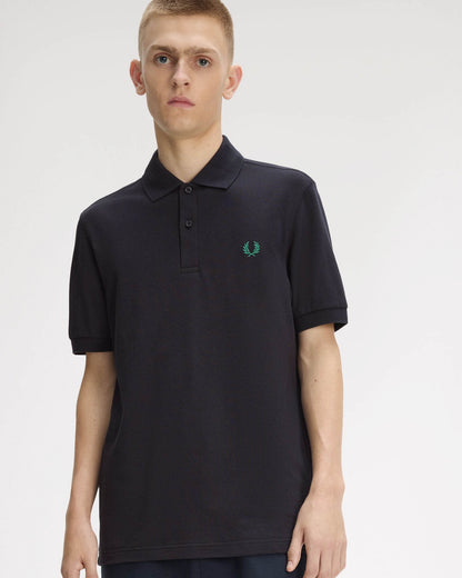 Fred Perry Mens Plain Signature Polo Shirt - Navy/Sport Green 14C | CHO | Designer Mens Short Sleeve Polo Shirts