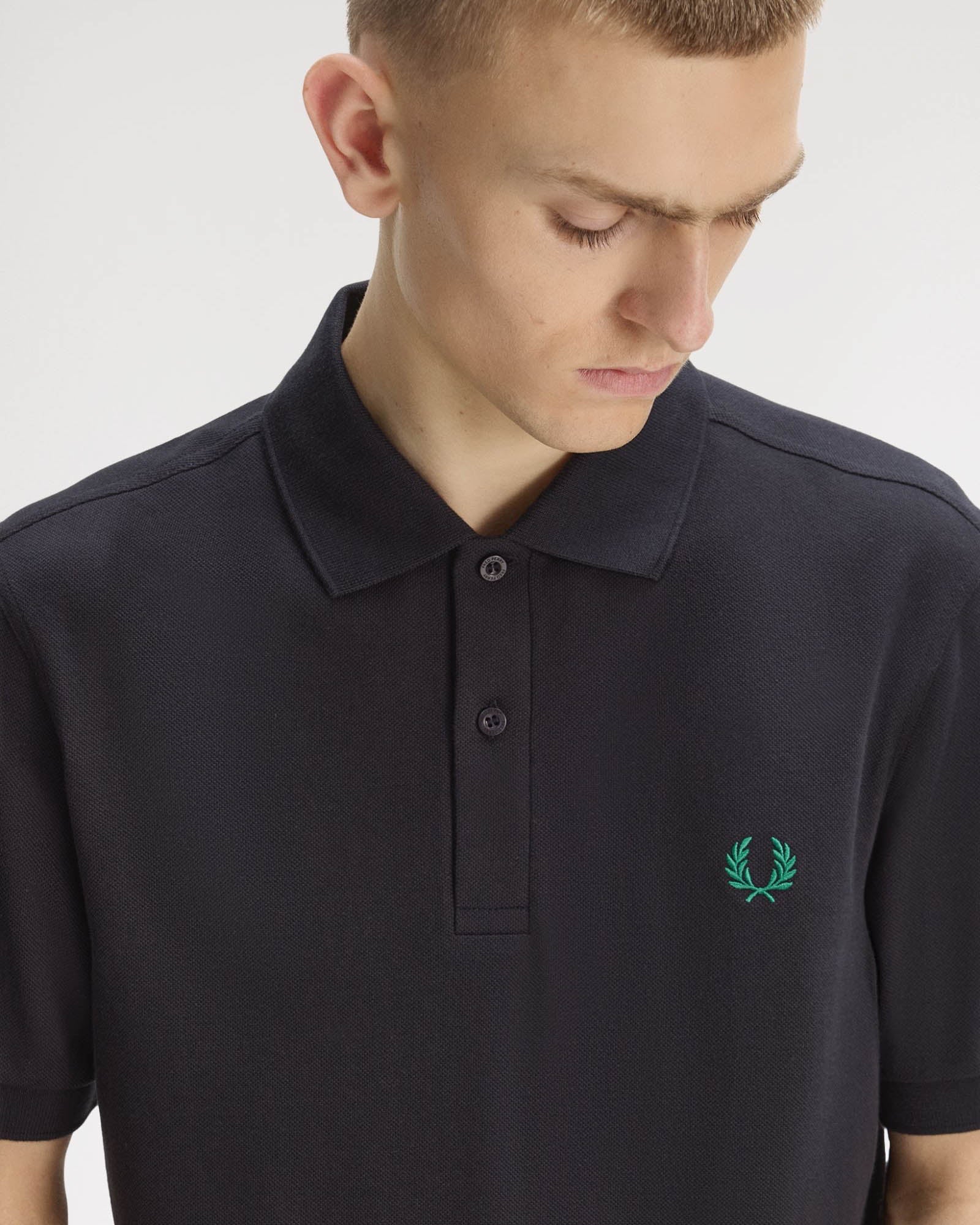Fred Perry Mens Plain Signature Polo Shirt - Navy/Sport Green 14C | CHO | Designer Mens Short Sleeve Polo Shirts