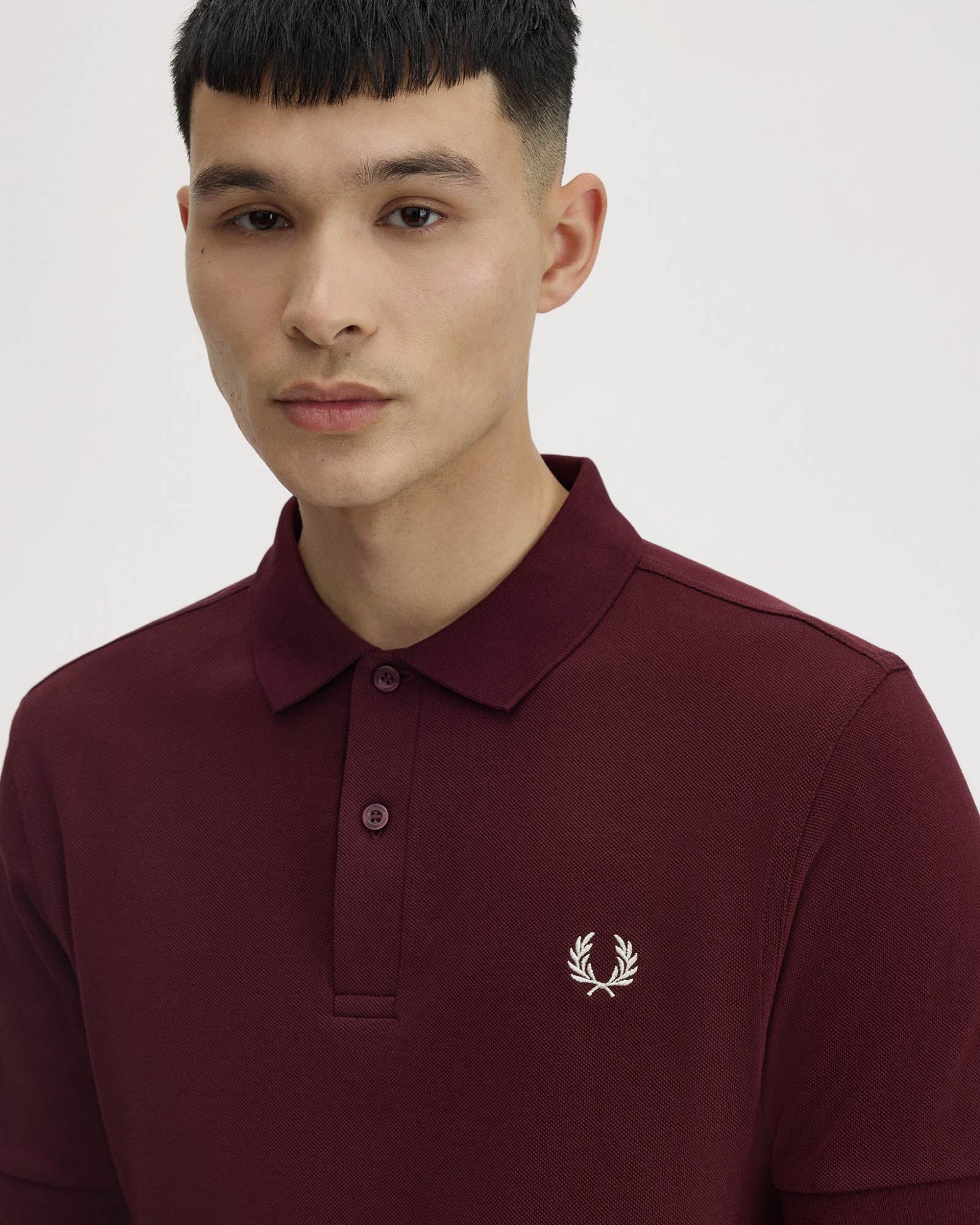 Fred Perry Mens Plain Signature Polo Shirt - Oxblood/Ecru 597 | CHO | Designer Mens Short Sleeve Polo Shirts