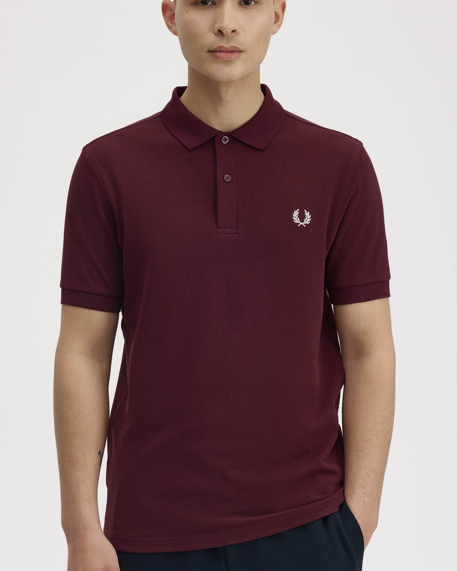 Fred Perry Mens Plain Signature Polo Shirt - Oxblood/Ecru 597 | CHO | Designer Mens Short Sleeve Polo Shirts