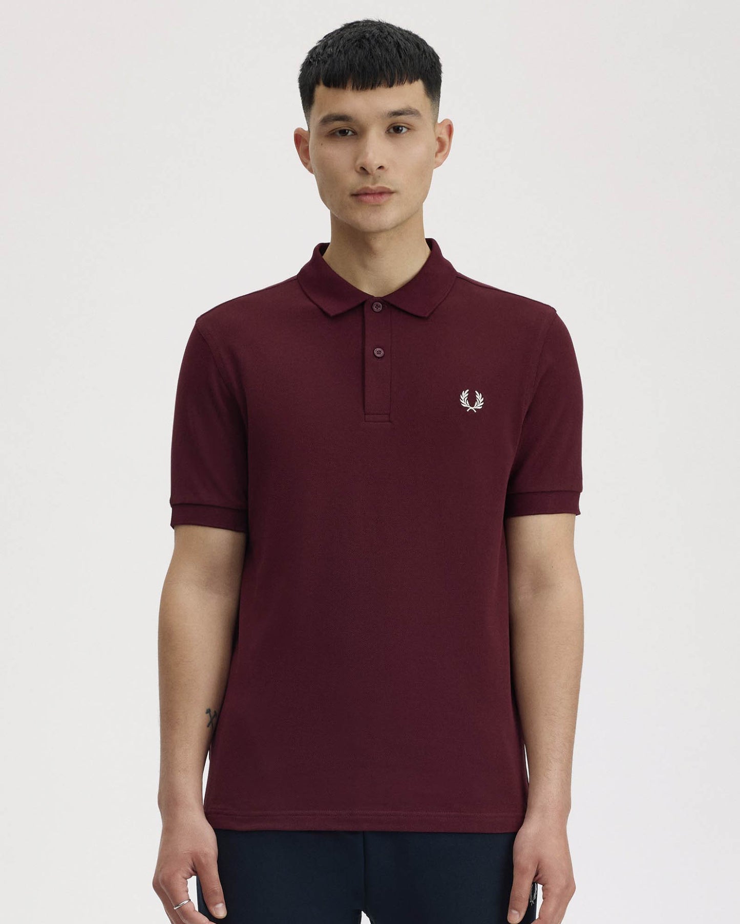 Fred Perry Mens Plain Signature Polo Shirt - Oxblood/Ecru 597 | CHO | Designer Mens Short Sleeve Polo Shirts
