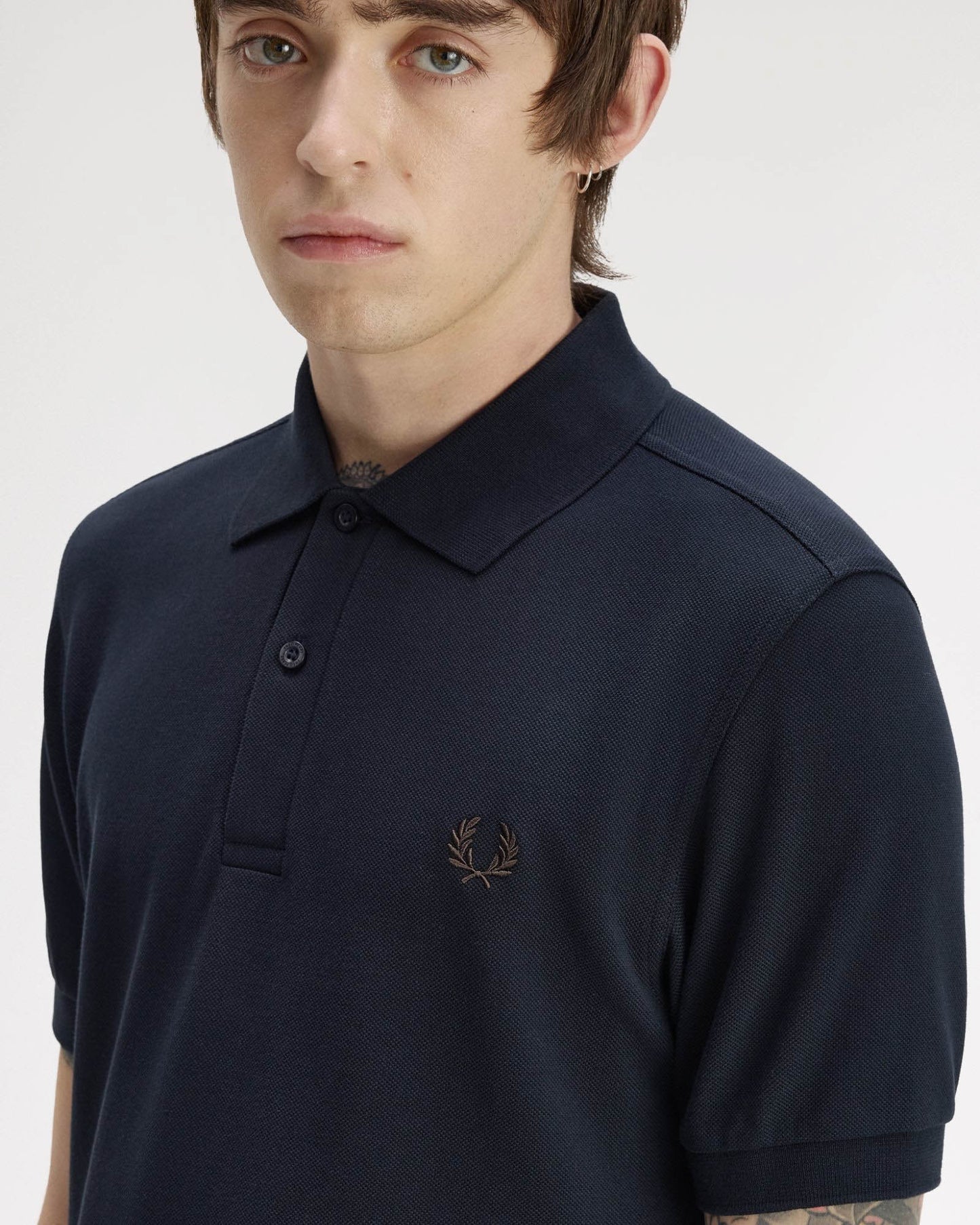 Fred Perry Mens Plain Signature Polo Shirt - Navy/Rich Brown 91C front detail