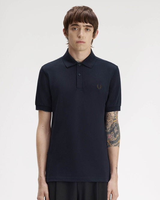Fred Perry Mens Plain Signature Polo Shirt - Navy/Rich Brown 91C front