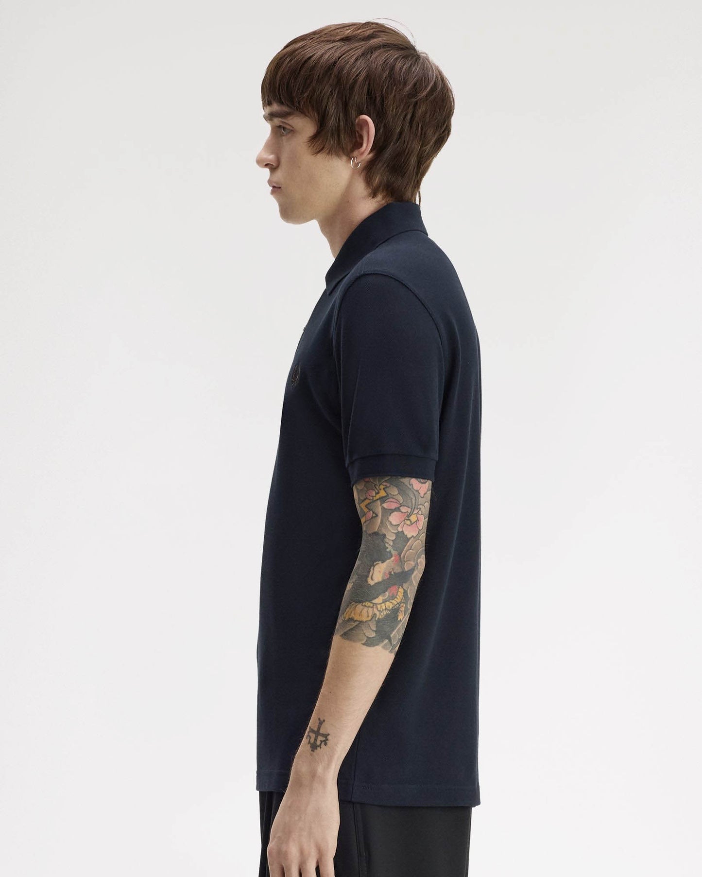 Fred Perry Mens Plain Signature Polo Shirt - Navy/Rich Brown 91C side
