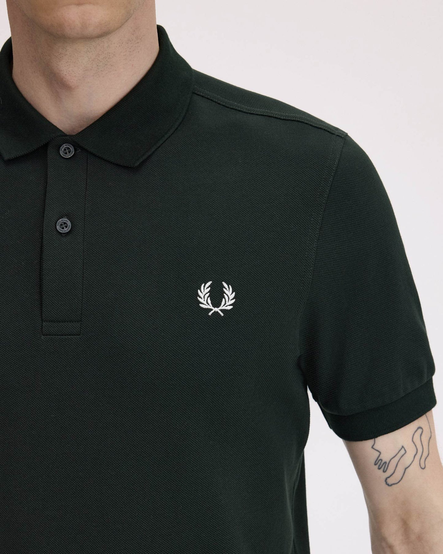Fred Perry Mens Plain Signature Polo Shirt - Night Green/Snow White T50 front detail
