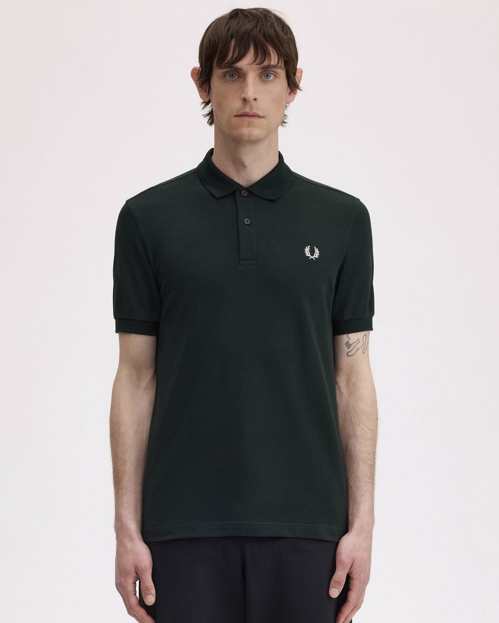 Fred Perry Mens Plain Signature Polo Shirt - Night Green/Snow White T50 front