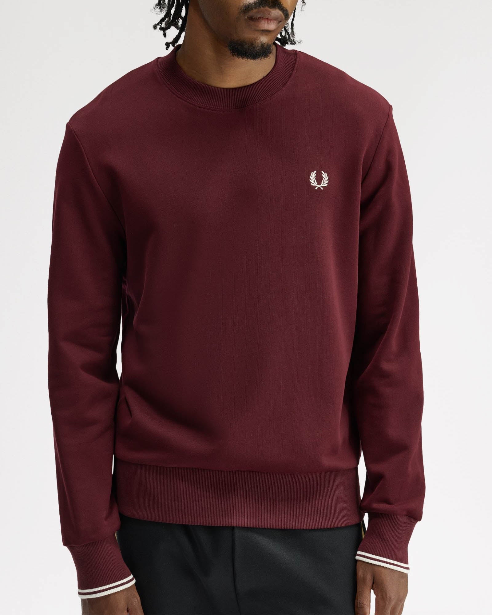 Fred Perry Mens Crew Neck Sweatshirt - Oxblood/Ecru 64A | CHO | Designer Mens Sweatshirts