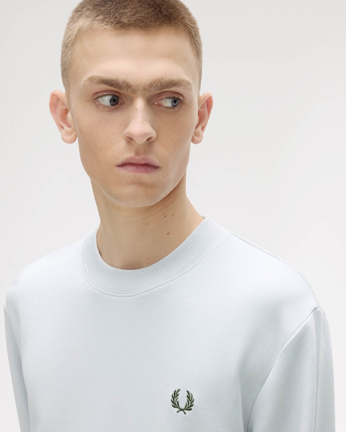 Fred Perry Mens Crew Neck Sweatshirt - Dusky Blue/Ecru/Laurel Wreath Green 80B | CHO | Designer Mens Sweatshirts