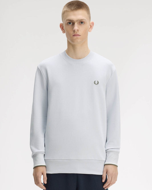 Fred Perry Mens Crew Neck Sweatshirt - Dusky Blue/Ecru/Laurel Wreath Green 80B | CHO | Designer Mens Sweatshirts