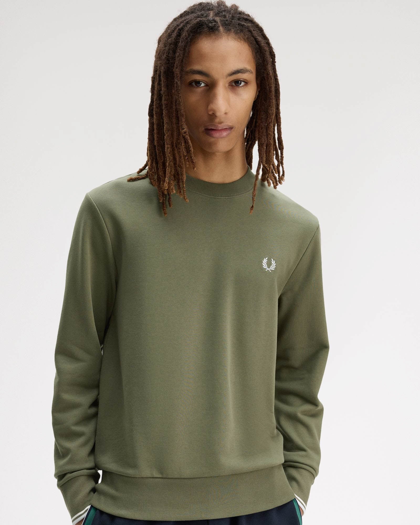 Fred Perry Mens Crew Neck Sweatshirt - Laurel Wreath Green/Ecru/Dusky Blue 87B | CHO | Designer Mens Sweatshirts