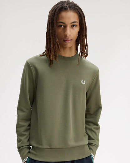 Fred Perry Mens Crew Neck Sweatshirt - Laurel Wreath Green/Ecru/Dusky Blue 87B | CHO | Designer Mens Sweatshirts