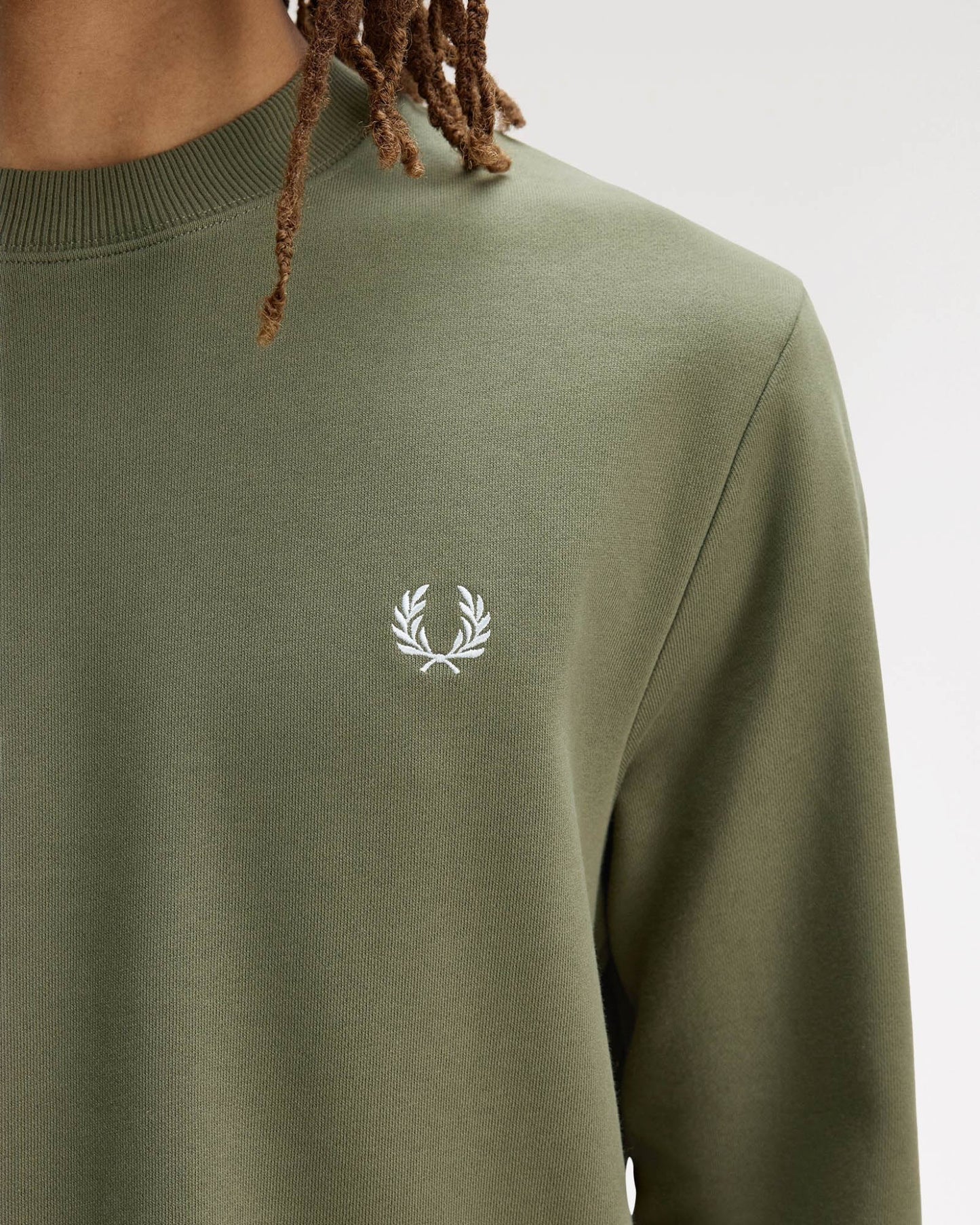 Fred Perry Mens Crew Neck Sweatshirt - Laurel Wreath Green/Ecru/Dusky Blue 87B | CHO | Designer Mens Sweatshirts