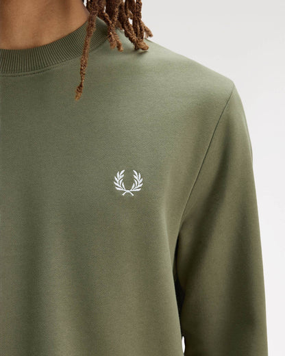 Fred Perry Mens Crew Neck Sweatshirt - Laurel Wreath Green/Ecru/Dusky Blue 87B | CHO | Designer Mens Sweatshirts