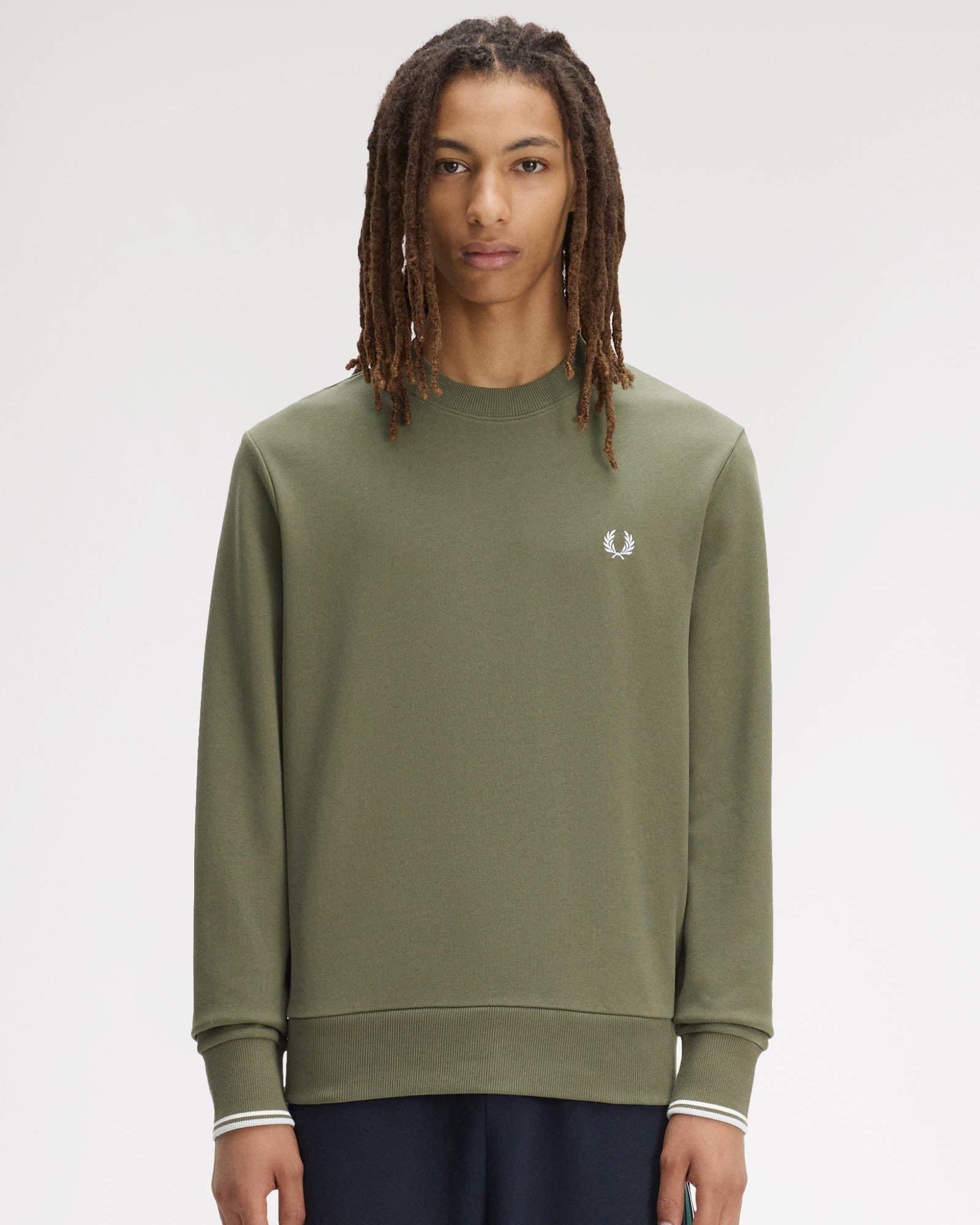 Fred Perry Mens Crew Neck Sweatshirt - Laurel Wreath Green/Ecru/Dusky Blue 87B | CHO | Designer Mens Sweatshirts