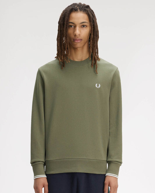 Fred Perry Mens Crew Neck Sweatshirt - Laurel Wreath Green/Ecru/Dusky Blue 87B | CHO | Designer Mens Sweatshirts
