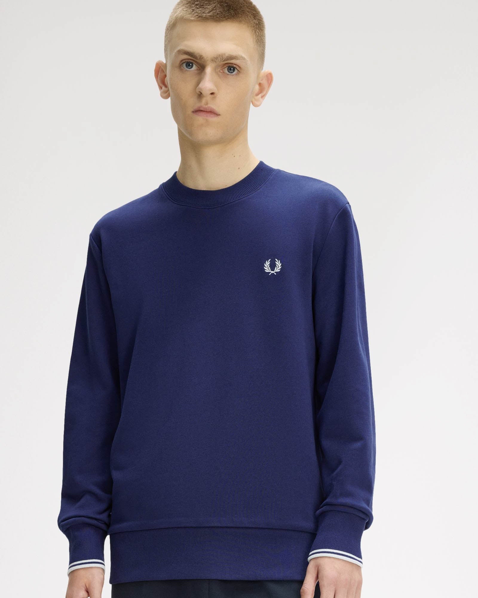 Fred Perry Mens Crew Neck Sweatshirt - French Navy/Dusky Blue/Dusky Blue 93B | CHO | Designer Mens Sweatshirts