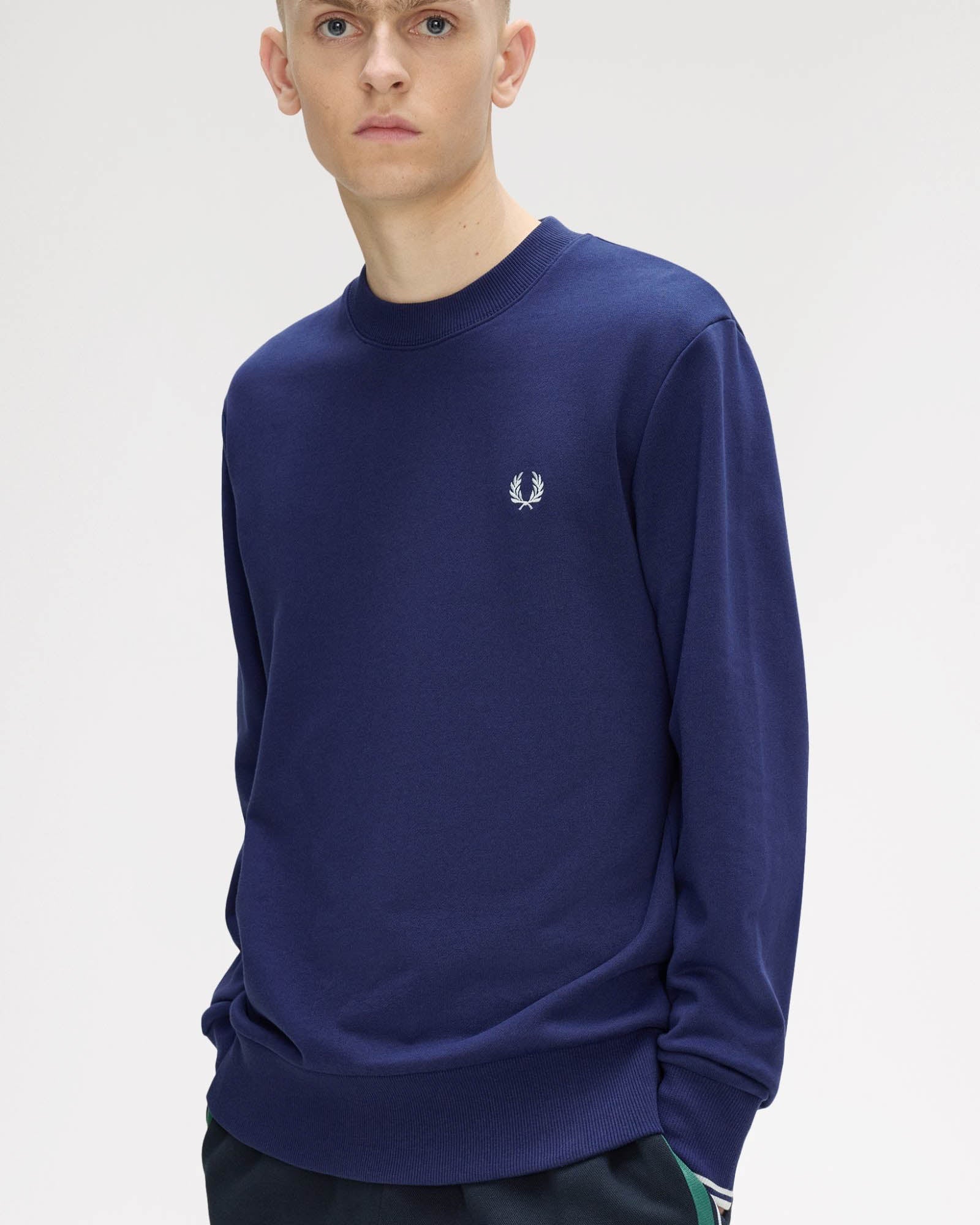 Fred Perry Mens Crew Neck Sweatshirt - French Navy/Dusky Blue/Dusky Blue 93B | CHO | Designer Mens Sweatshirts