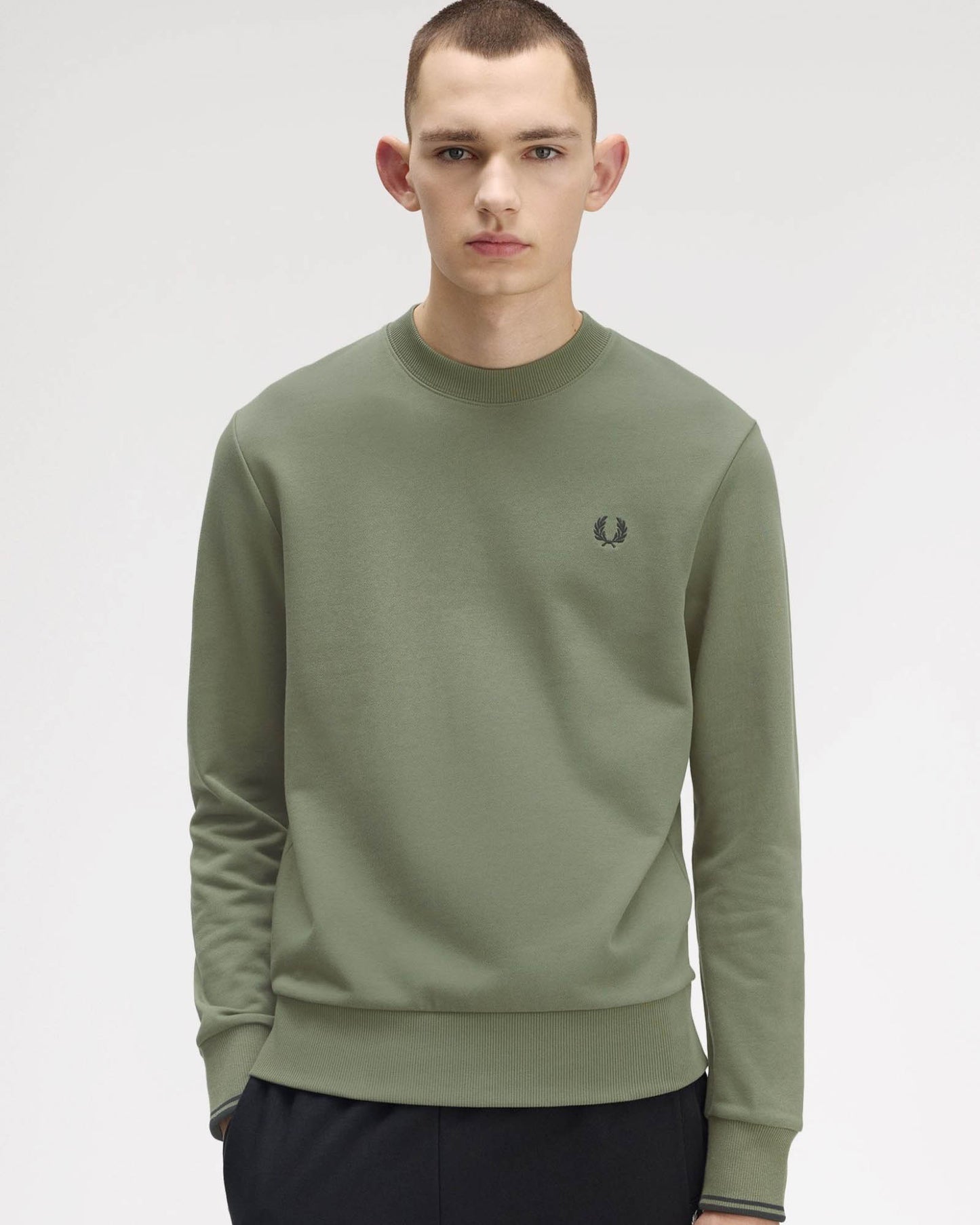 Fred Perry Mens Crew Neck Sweatshirt - Laurel Wreath Green/Black/Black Z50
