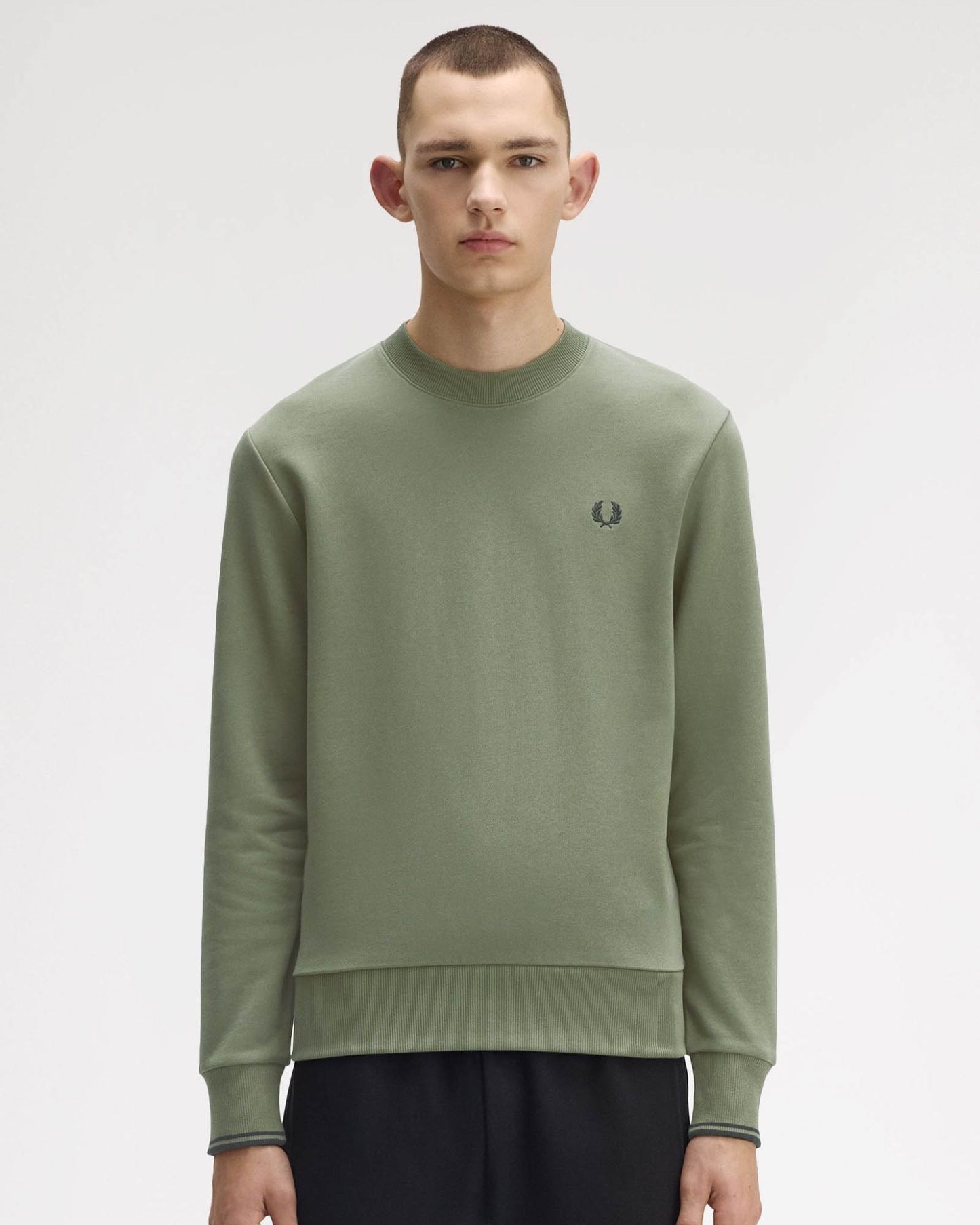 Fred Perry Mens Crew Neck Sweatshirt - Laurel Wreath Green/Black/Black Z50