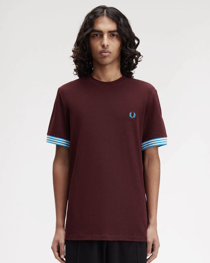 Fred Perry Mens Striped Cuff T-Shirt - Ox Blood/Ecru/Ecru 597