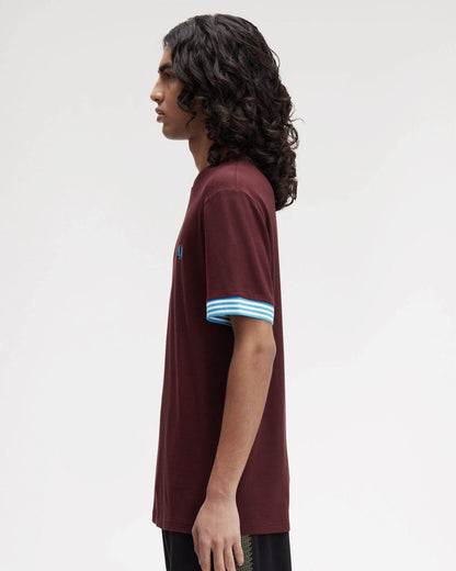 Fred Perry Mens Striped Cuff T-Shirt - Ox Blood/Ecru/Ecru 597