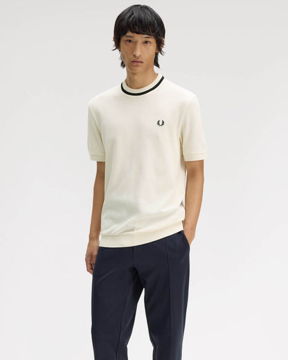 Fred Perry Mens Crew Neck Pique T-Shirt - Ecru 91B | CHO | Designer Mens T-Shirts