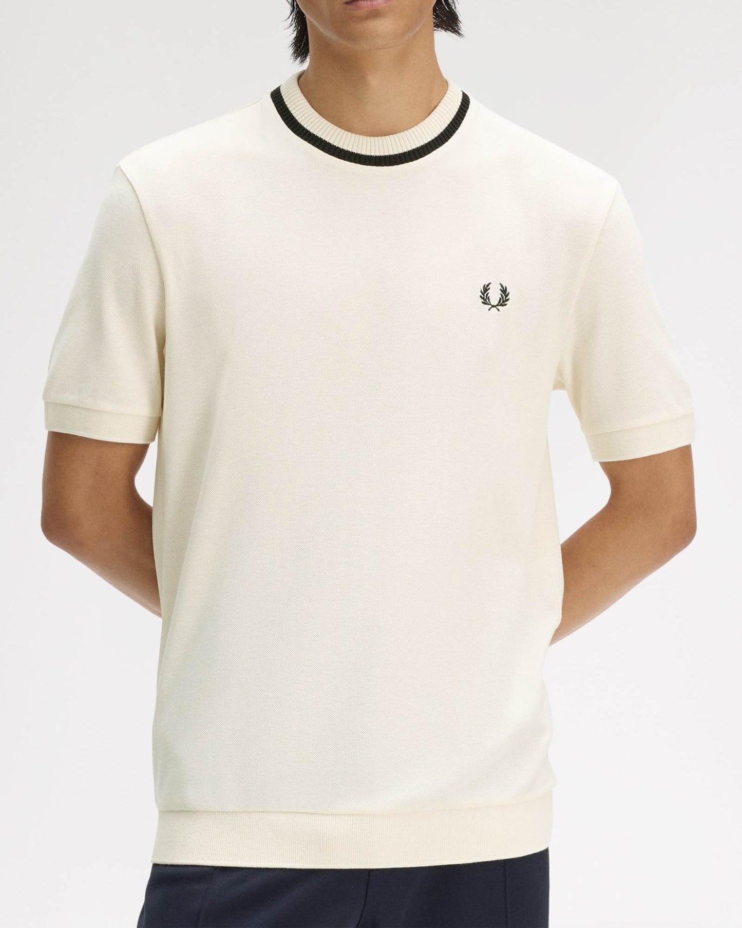 Fred Perry Mens Crew Neck Pique T-Shirt - Ecru 91B | CHO | Designer Mens T-Shirts