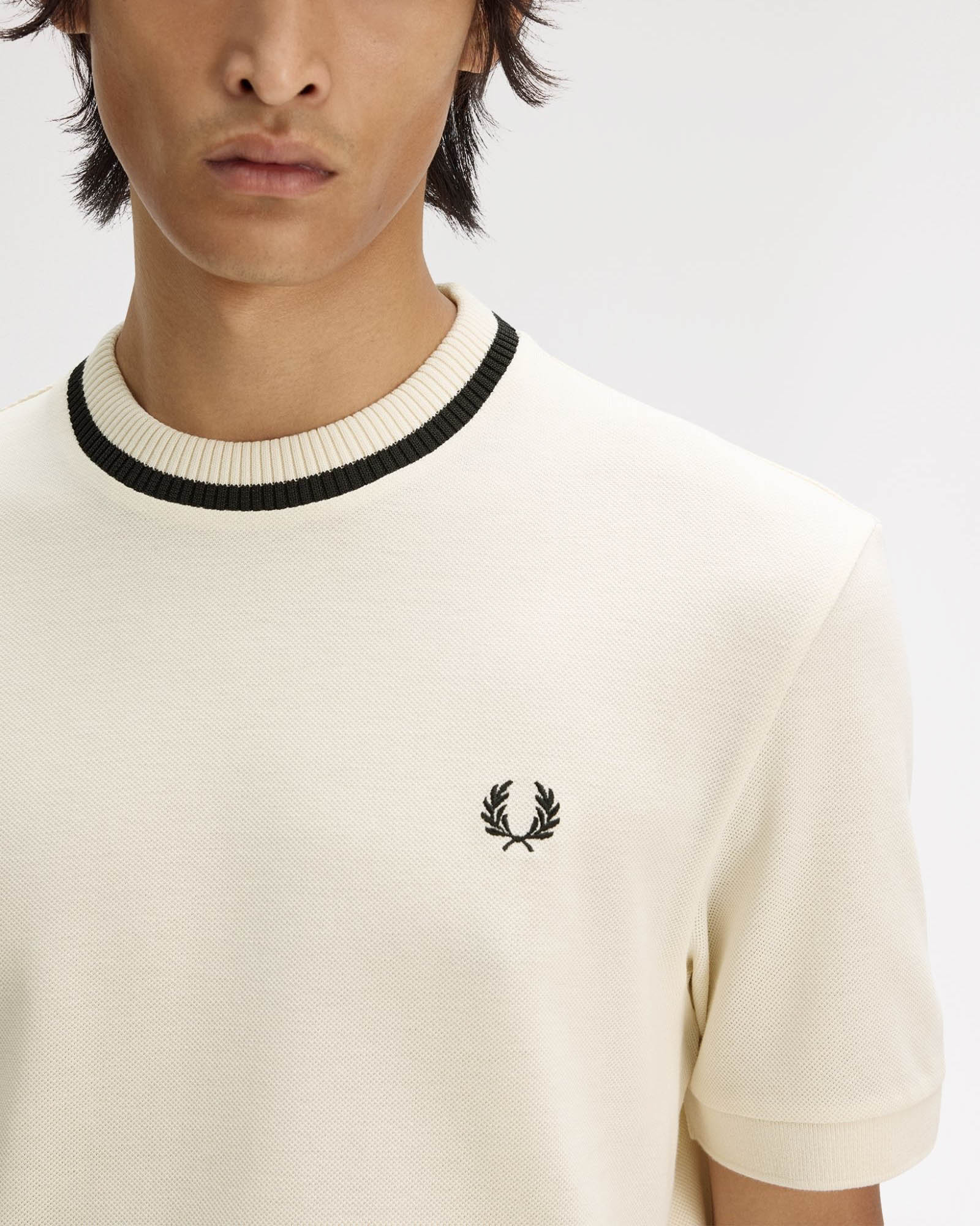 Fred Perry Mens Crew Neck Pique T-Shirt - Ecru 91B | CHO | Designer Mens T-Shirts