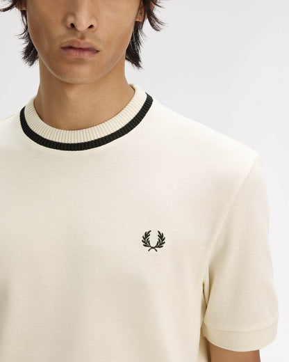 Fred Perry Mens Crew Neck Pique T-Shirt - Ecru 91B | CHO | Designer Mens T-Shirts