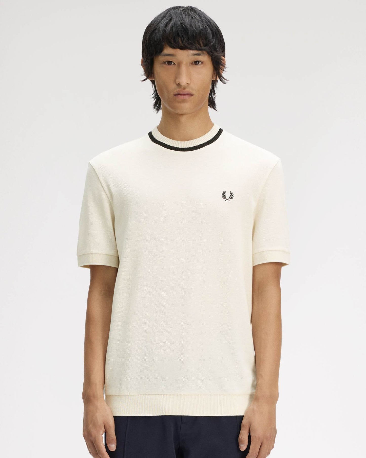 Fred Perry Mens Crew Neck Pique T-Shirt - Ecru 91B | CHO | Designer Mens T-Shirts