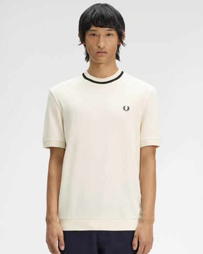 Fred Perry Mens Crew Neck Pique T-Shirt - Ecru 91B | CHO | Designer Mens T-Shirts