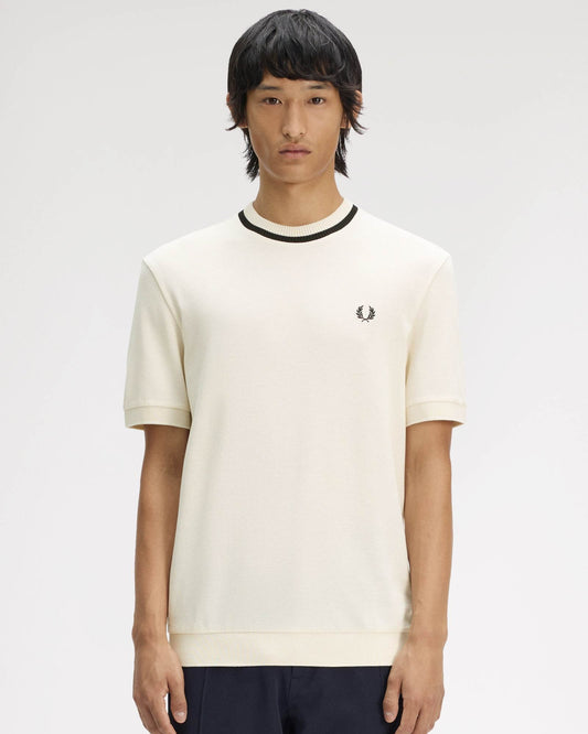 Fred Perry Mens Crew Neck Pique T-Shirt - Ecru 91B | CHO | Designer Mens T-Shirts