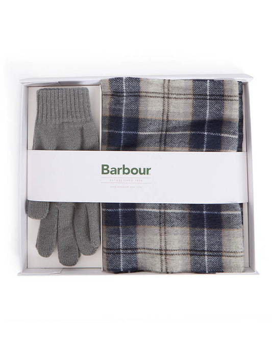 Barbour Tartan Mens Scarf & Glove Gift Set - Grey Midnight