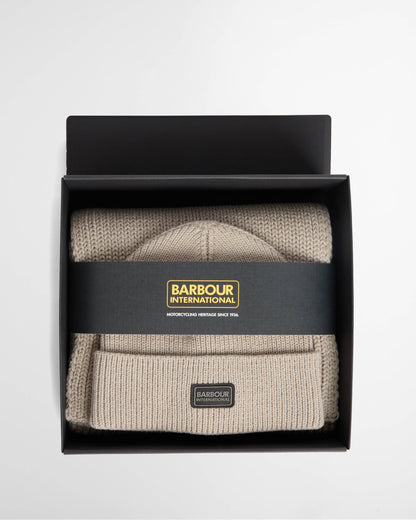 Barbour International Sweeper Legacy Mens Beanie & Scarf Gift Set - Concrete | CHO | Designer Mens Gift Sets