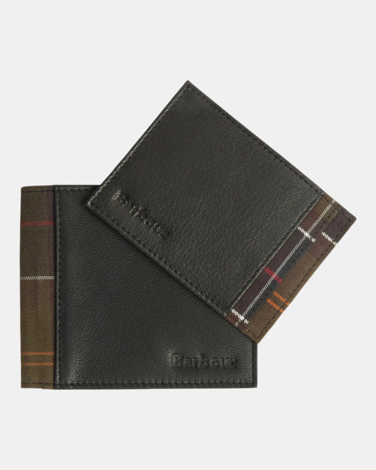 Barbour Mens Leather/Tartan Wallet & Card Holder Gift Set - Black/Classic Tartan