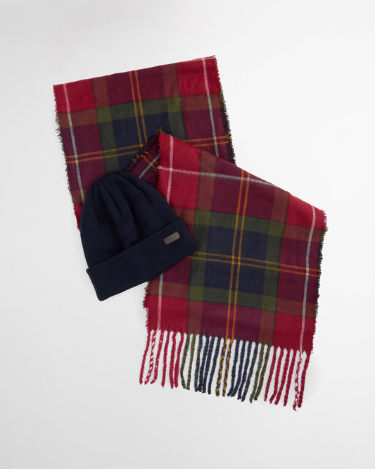Barbour Mens Swinton Beanie & Galingale Scarf Gift Set - Winterberry Tartan