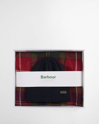 Barbour Mens Swinton Beanie & Galingale Scarf Gift Set - Winterberry Tartan