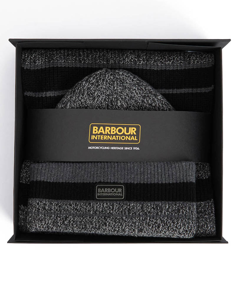 Barbour International Mens Boston Beanie & Scarf Gift Set - Black/Grey
