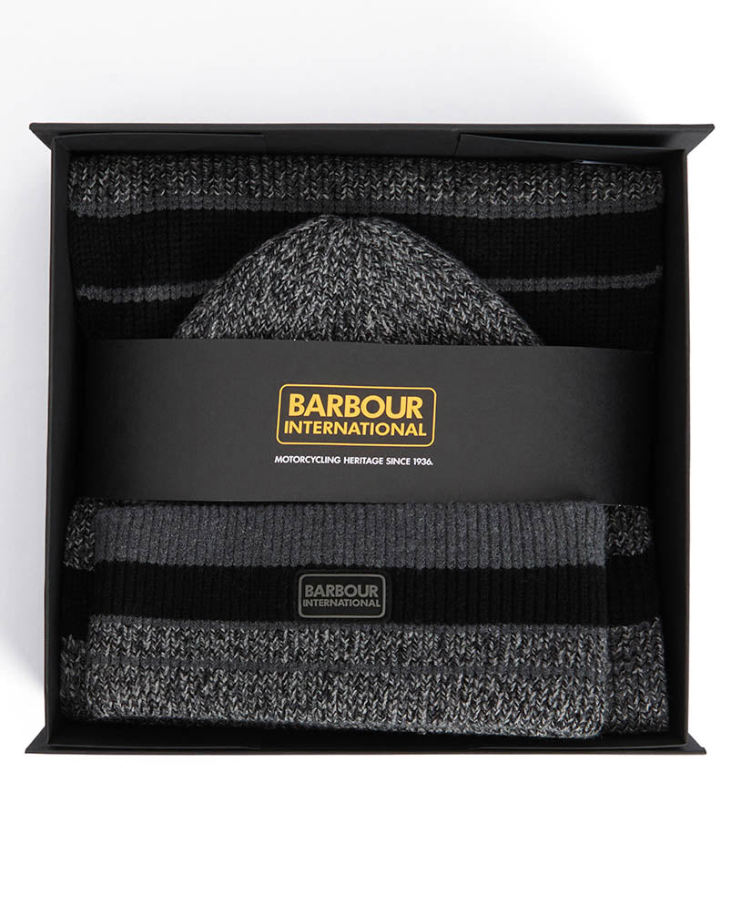 Barbour International Mens Boston Beanie & Scarf Gift Set - Black/Grey