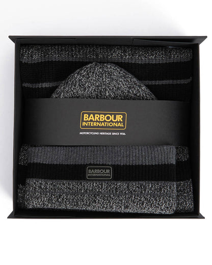Barbour International Mens Boston Beanie & Scarf Gift Set - Black/Grey