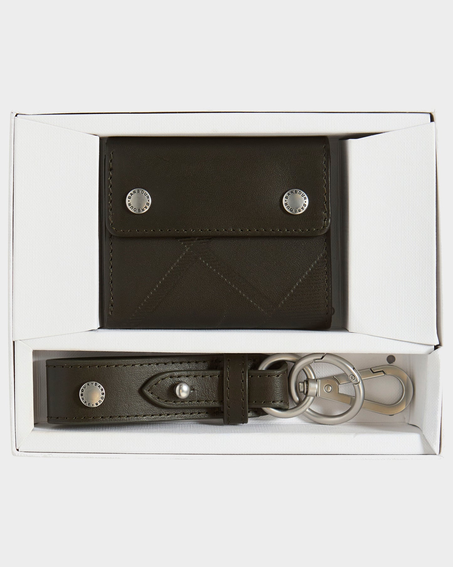 Barbour Brunton Mens Leather Wallet & Key Fob Gift Set - Dark Olive | CHO | Designer Mens Gift Sets