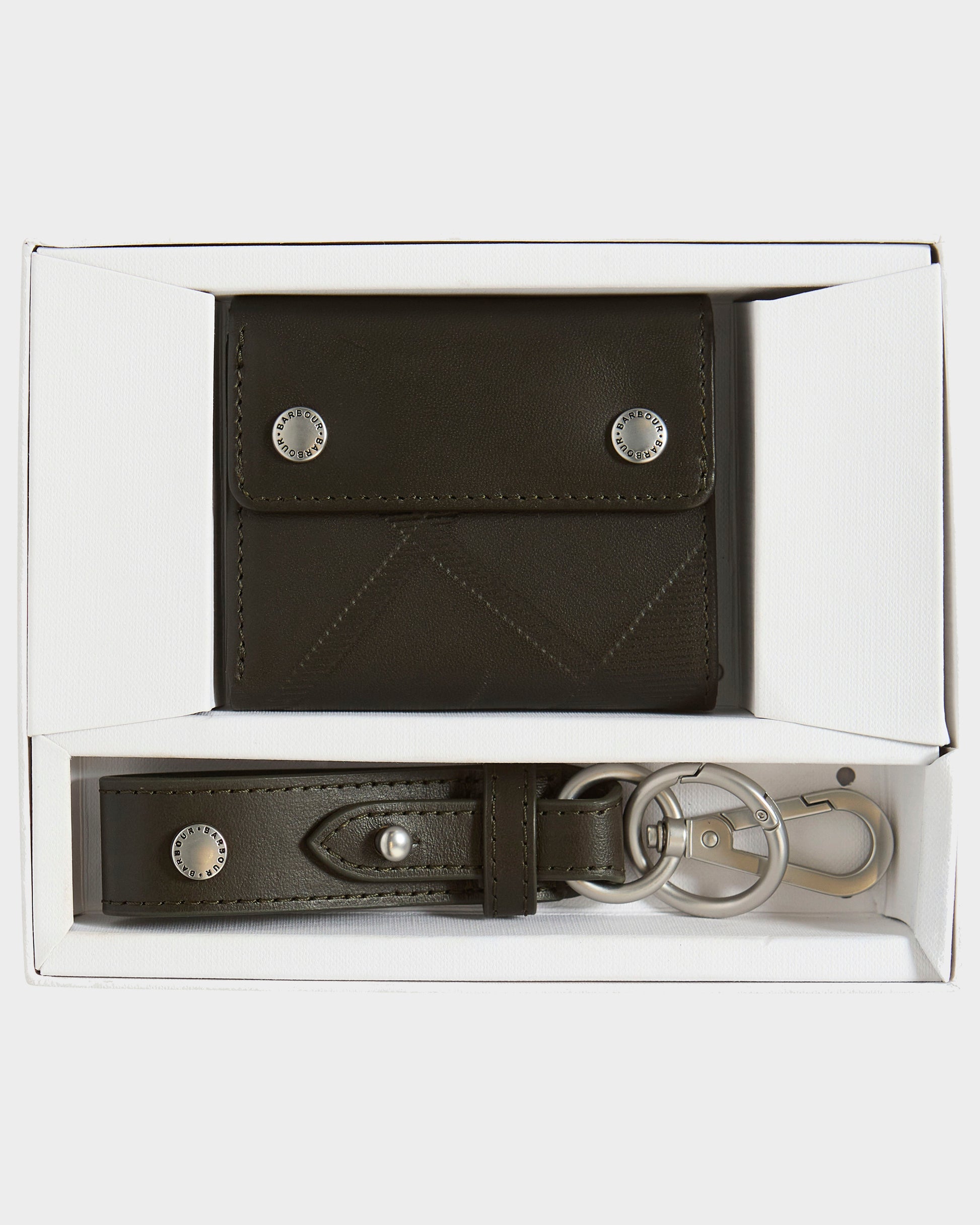 Barbour Brunton Mens Leather Wallet & Key Fob Gift Set - Dark Olive | CHO | Designer Mens Gift Sets
