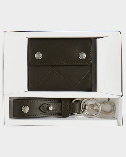 Barbour Brunton Mens Leather Wallet & Key Fob Gift Set - Dark Olive | CHO | Designer Mens Gift Sets